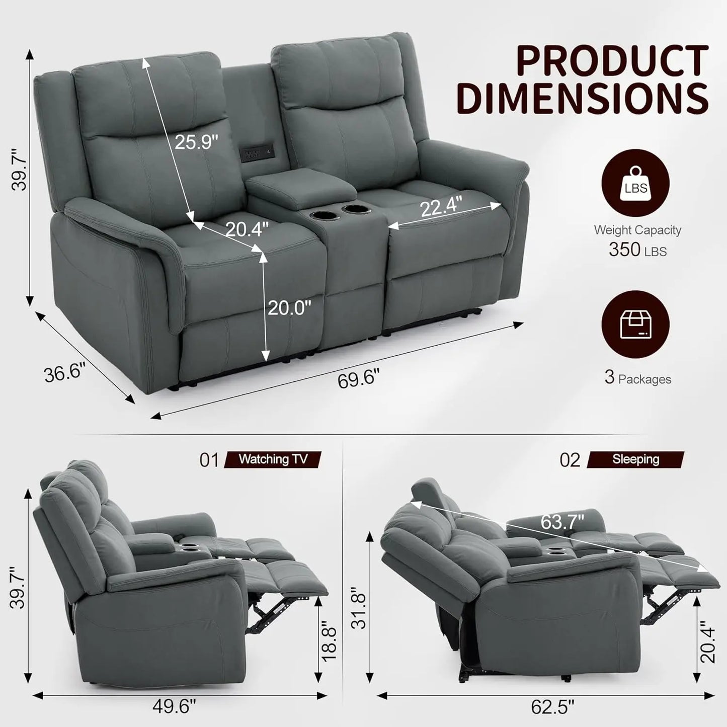 Reclining Loveseat With Console USB Port And Cup Holders 2 Seater Living Room