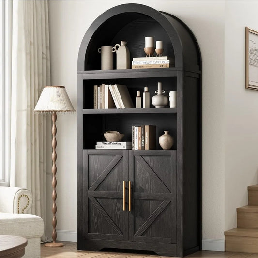 Arched Bookshelf Cabinet With Doors And Shelves For Kitchen Pantry