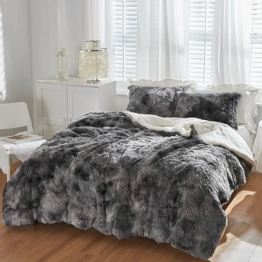 Faux Fur Shaggy Comforter Set Full Queen Size, Plush amp Sherpa Reversible Comforter Tie Dye Black, 3 Pieces Fluffy Fuzzy Beddin