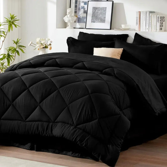 Queen Comforter Set Black Bed in a Bag Queen Size 8 Pieces, All Season Bed Set, Fluffy Comforter Set with Sheets, Sheet Set Quil