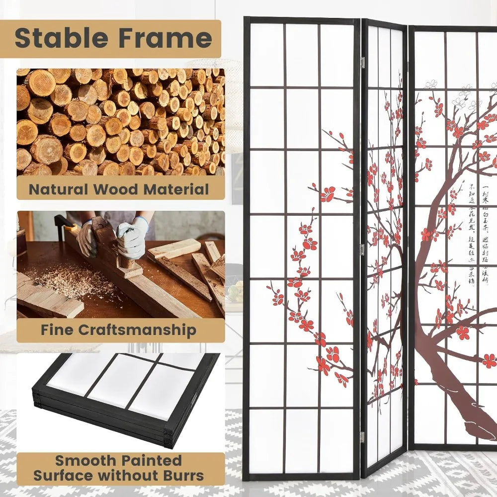 Japanese Style 4 Panel Room Divider, 6ft Folding Shoji Screen with Plum Blossom Design, Solid Wood Frame for Home Office