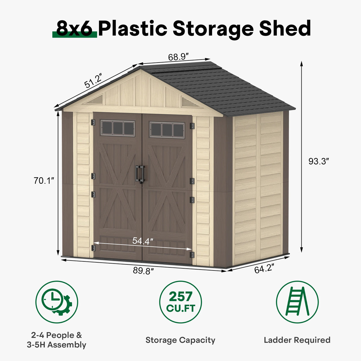 Evokeden Outdoor Plastic Storage Shed With Lockable Double Doors