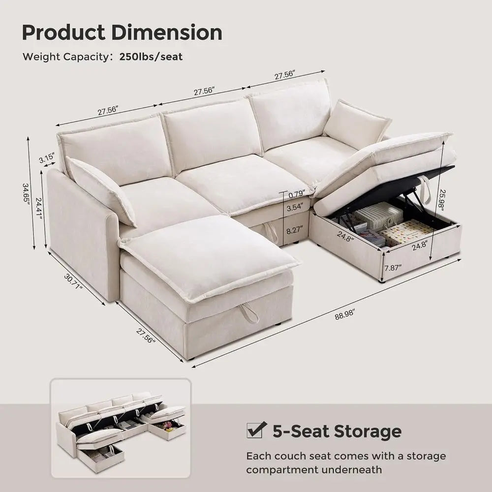 Cloud U Shape Sectional Sofa With Built In Storage Ottoman For Living Room Contemporary Comfort