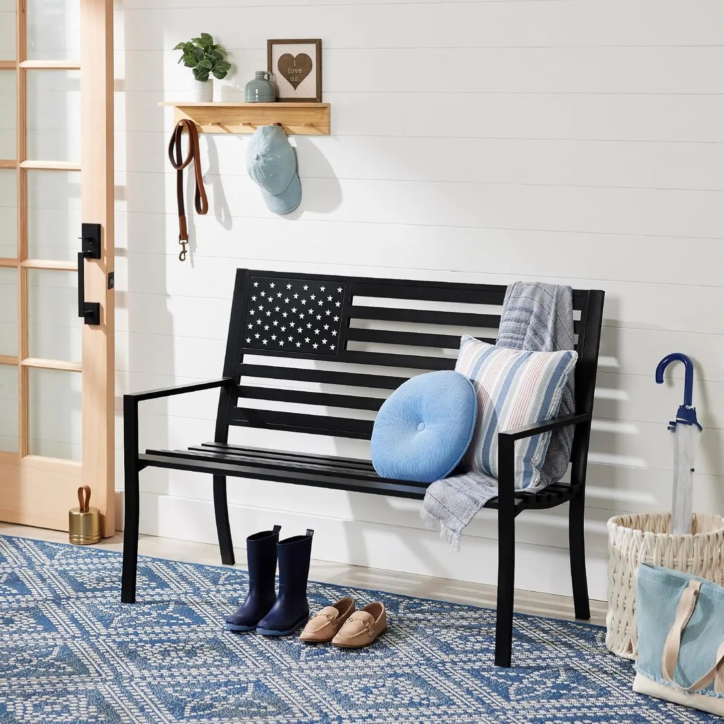 Durable Alloy Steel Outdoor Bench Featuring American Flag Design