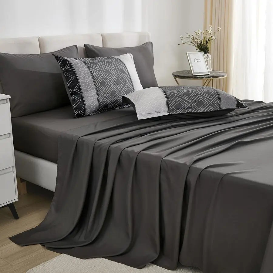 Queen Comforter Set Dark Gray Boho,Soft 7 Piece Bed in a Bag Queen Size Black Bedding Sets Striped Comforters with Plaid Bed Set