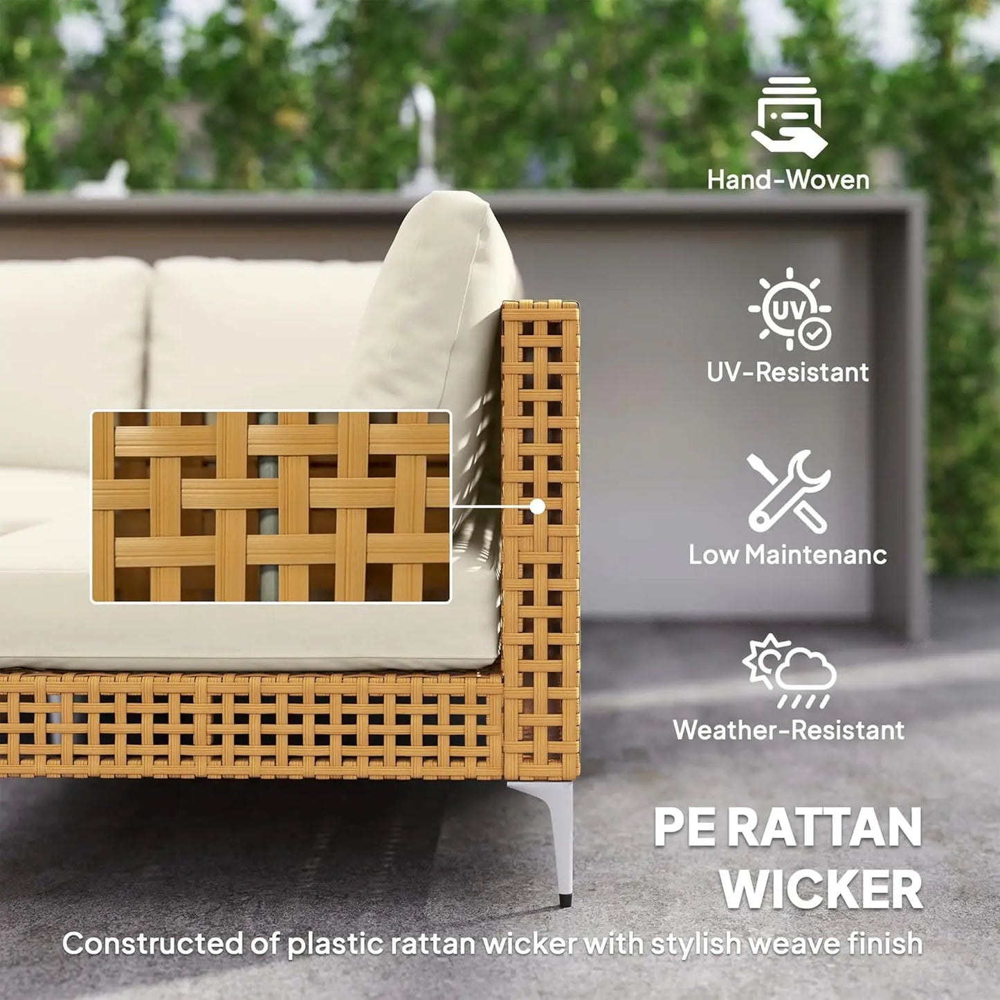 7-Piece Modular Outdoor Wicker Furniture Set with Thick Cushions and Acacia Wood Table, Khaki/Beige