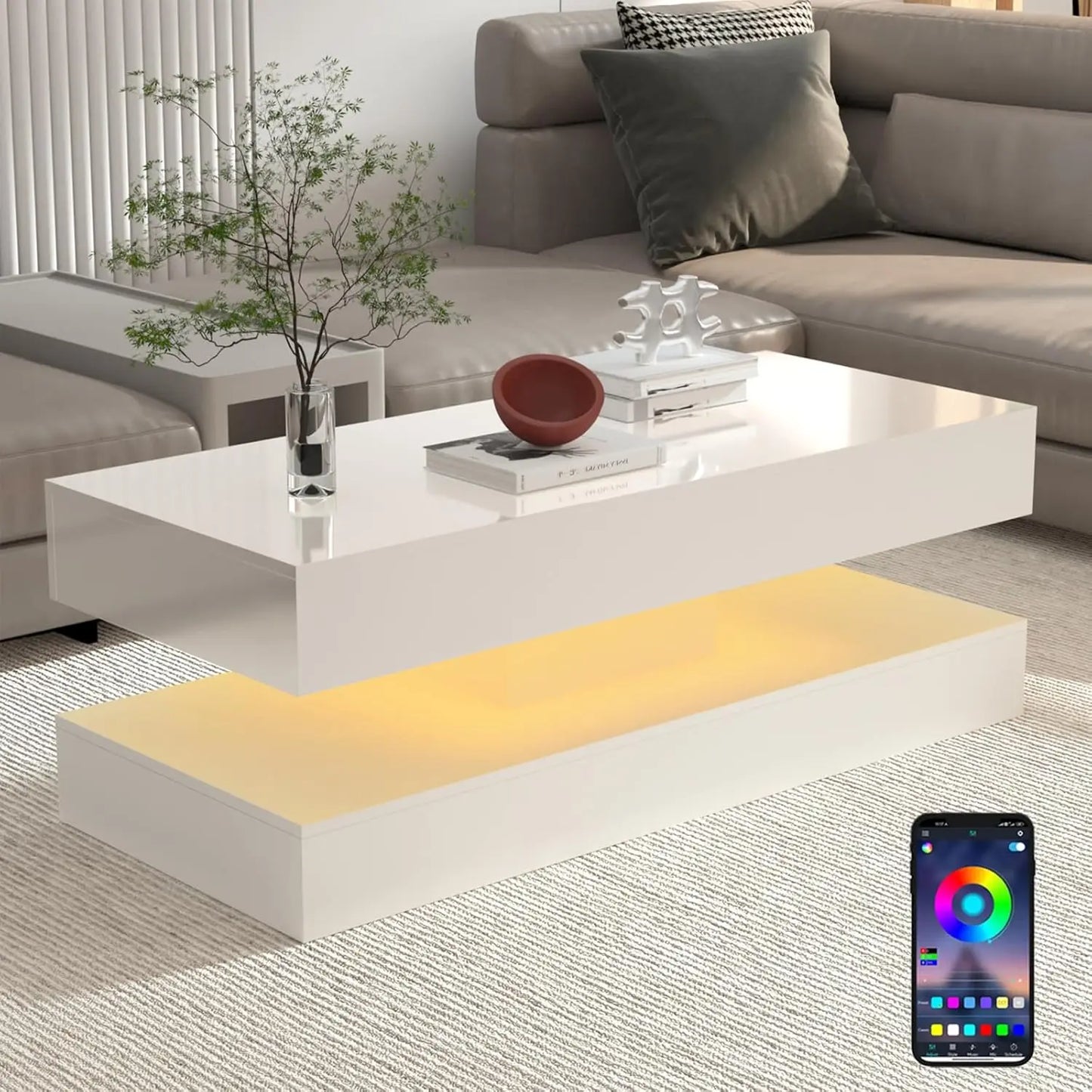 QiaoShiRen Modern Coffee Table With LED Lights And Drawers