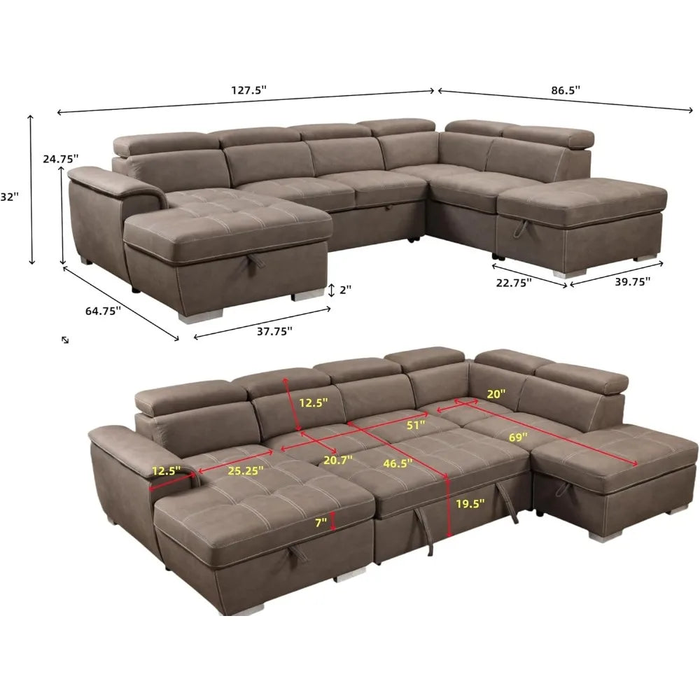 Oversized Microfiber U Shaped Sectional Sofa With Pullout Bed