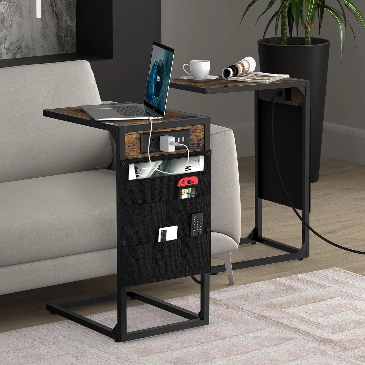 Hign Concerned C Shaped End Table With Charging Station And Storage 2 Piece Metal Frame Living Room And Bedroom