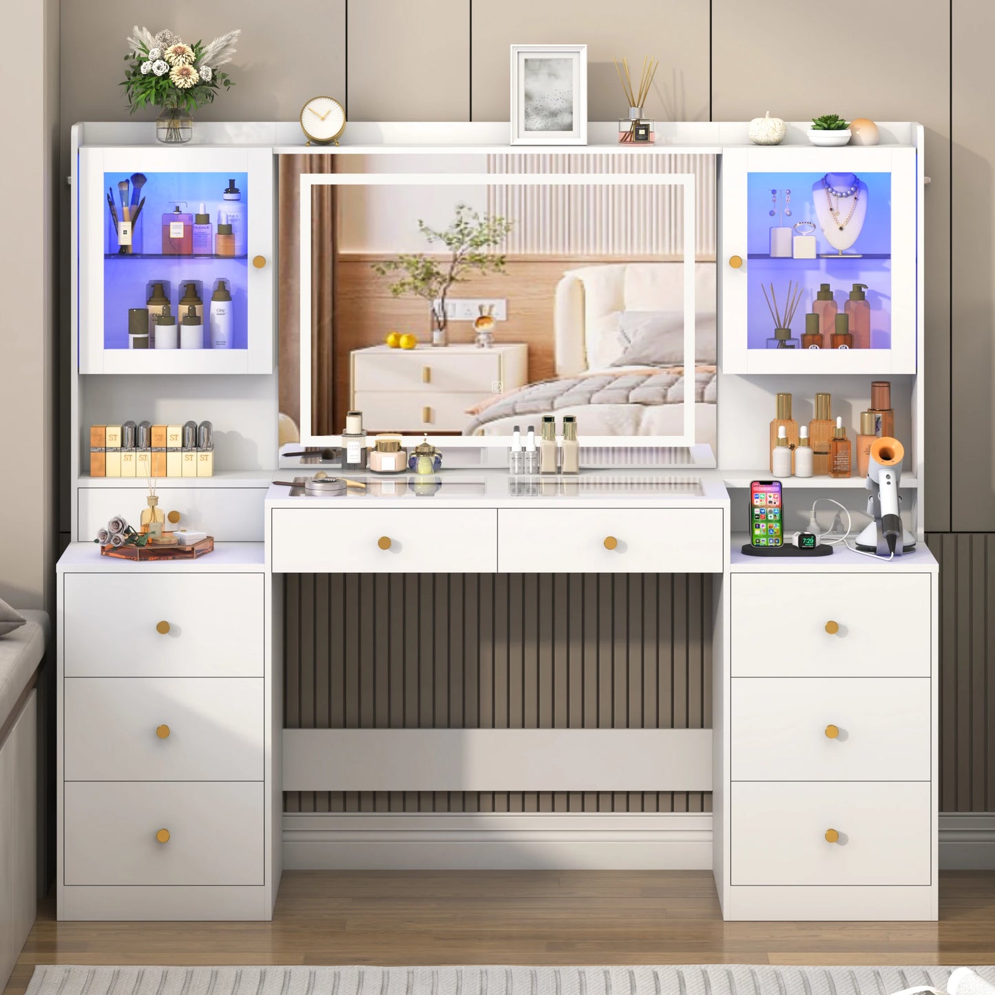 QiaoShiRen Vanity Desk With Mirror Lights And Charging Station