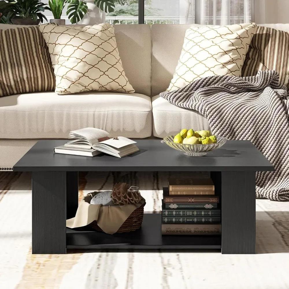 Two Tier Coffee Table Modern Rectangular Center Wooden Cocktail Table