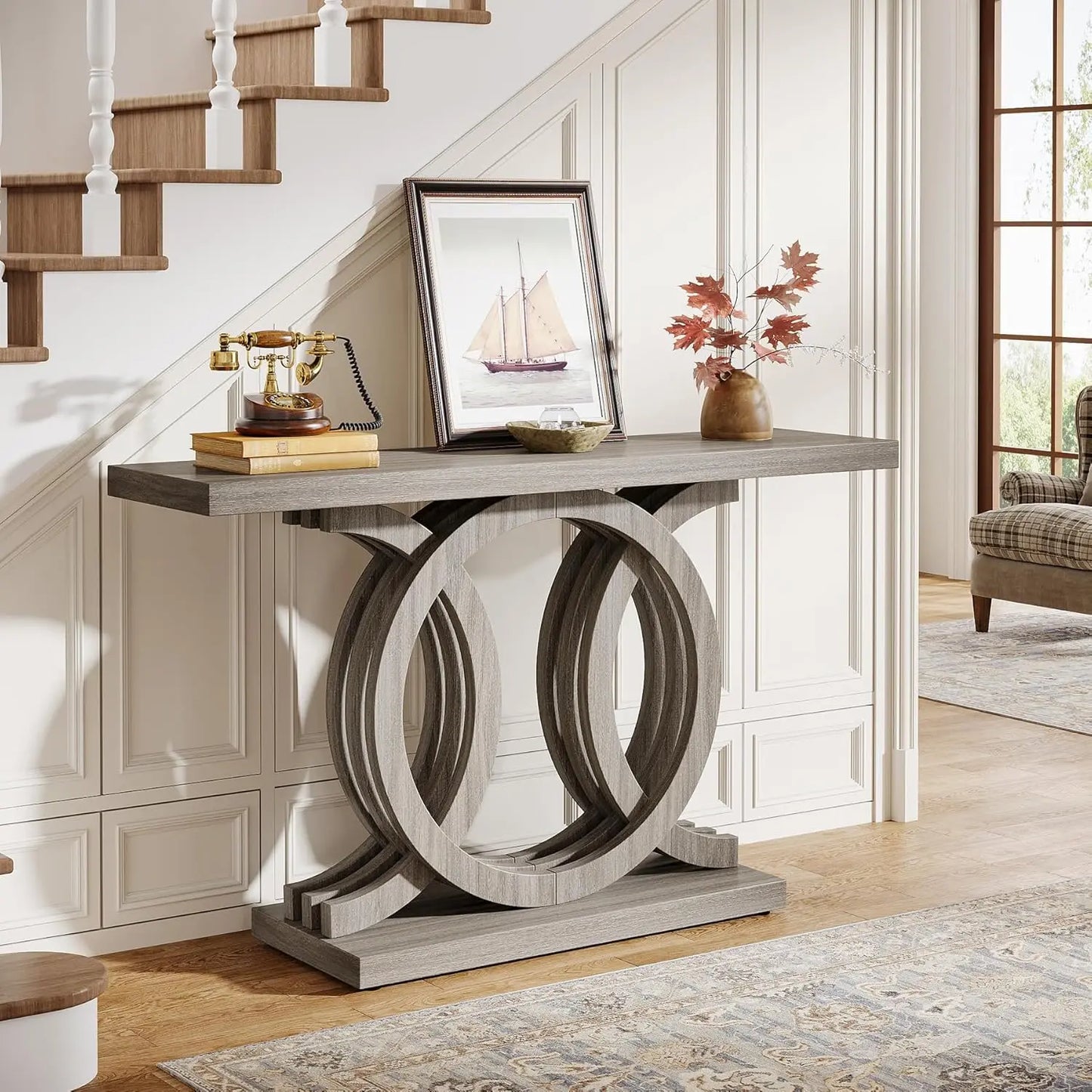 Little Tree Geometric Wood Base Console Table For Living Room