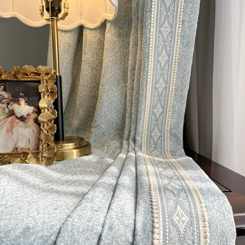 French Retro Dark Texture Chenille Grey Blue Lace Splicing Curtains for Bedroom Living Room French Window Balcony Customized