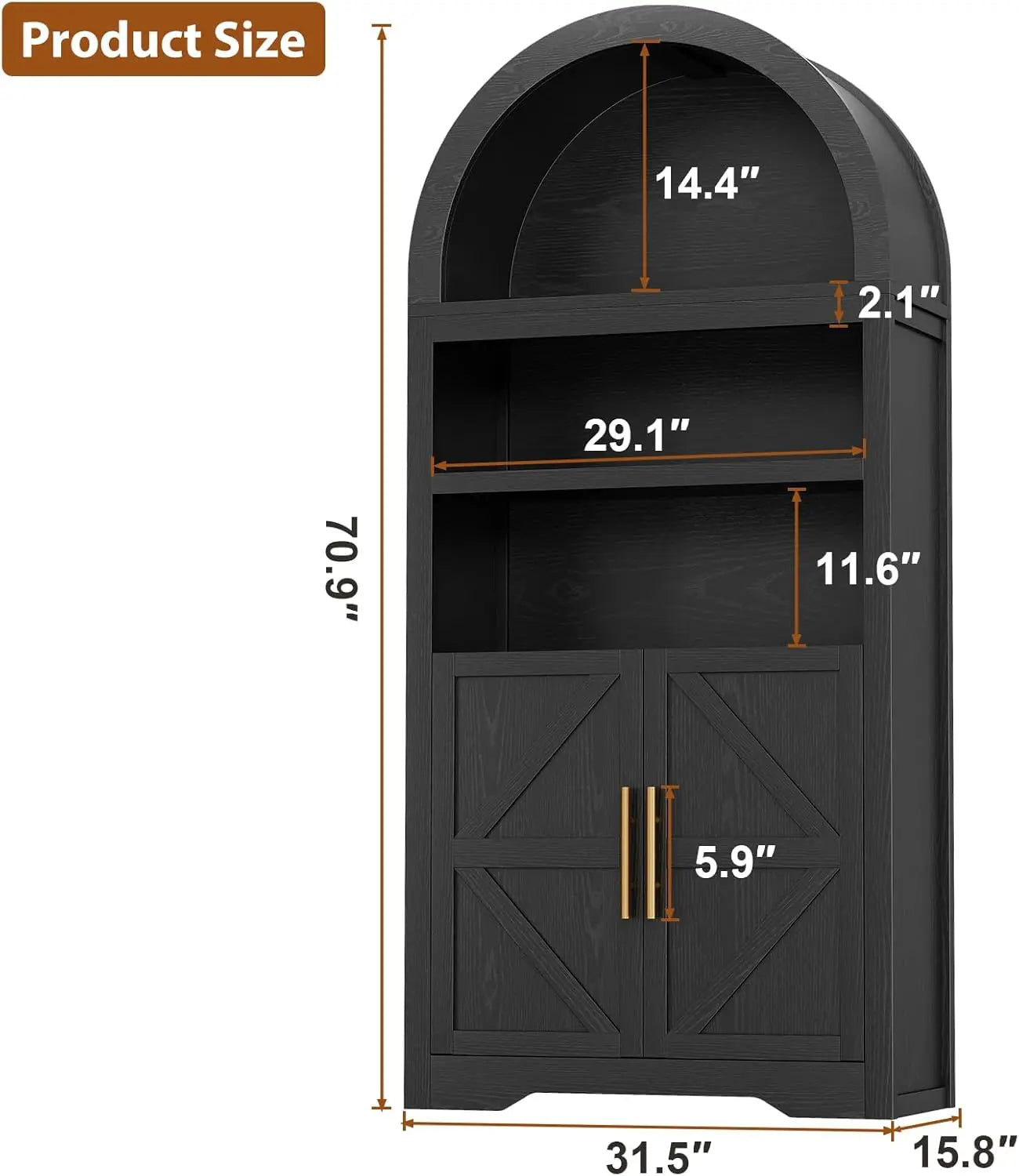 Arched Bookshelf Cabinet With Doors And Shelves For Kitchen Pantry