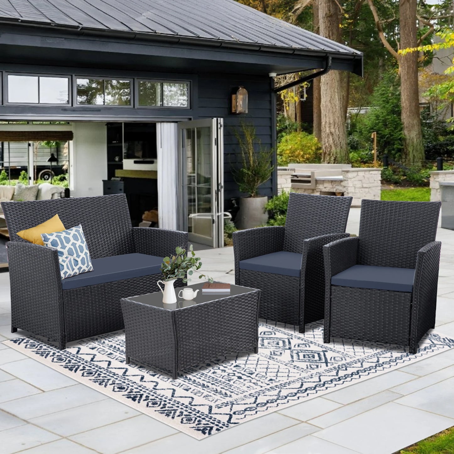 4 Piece Patio Furniture Set, Outdoor Wicker Conversation Sets, Rattan Sectional Sofa Couch with Coffee Table & Seat Cushions for