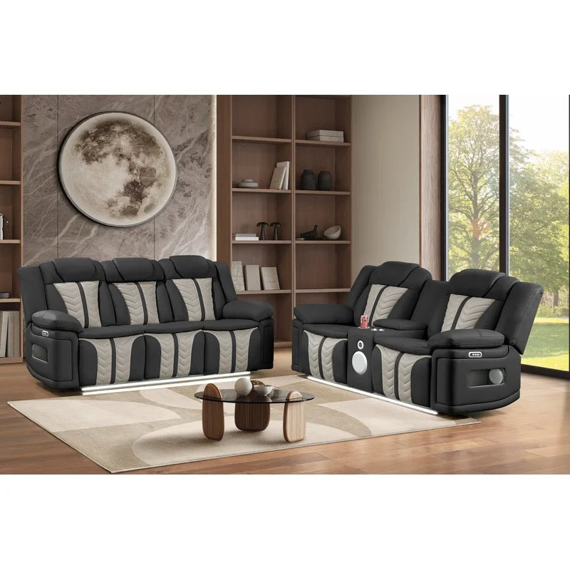 Faux Leather Power Reclining Sofa Set With LED Lights Massage Speaker Console