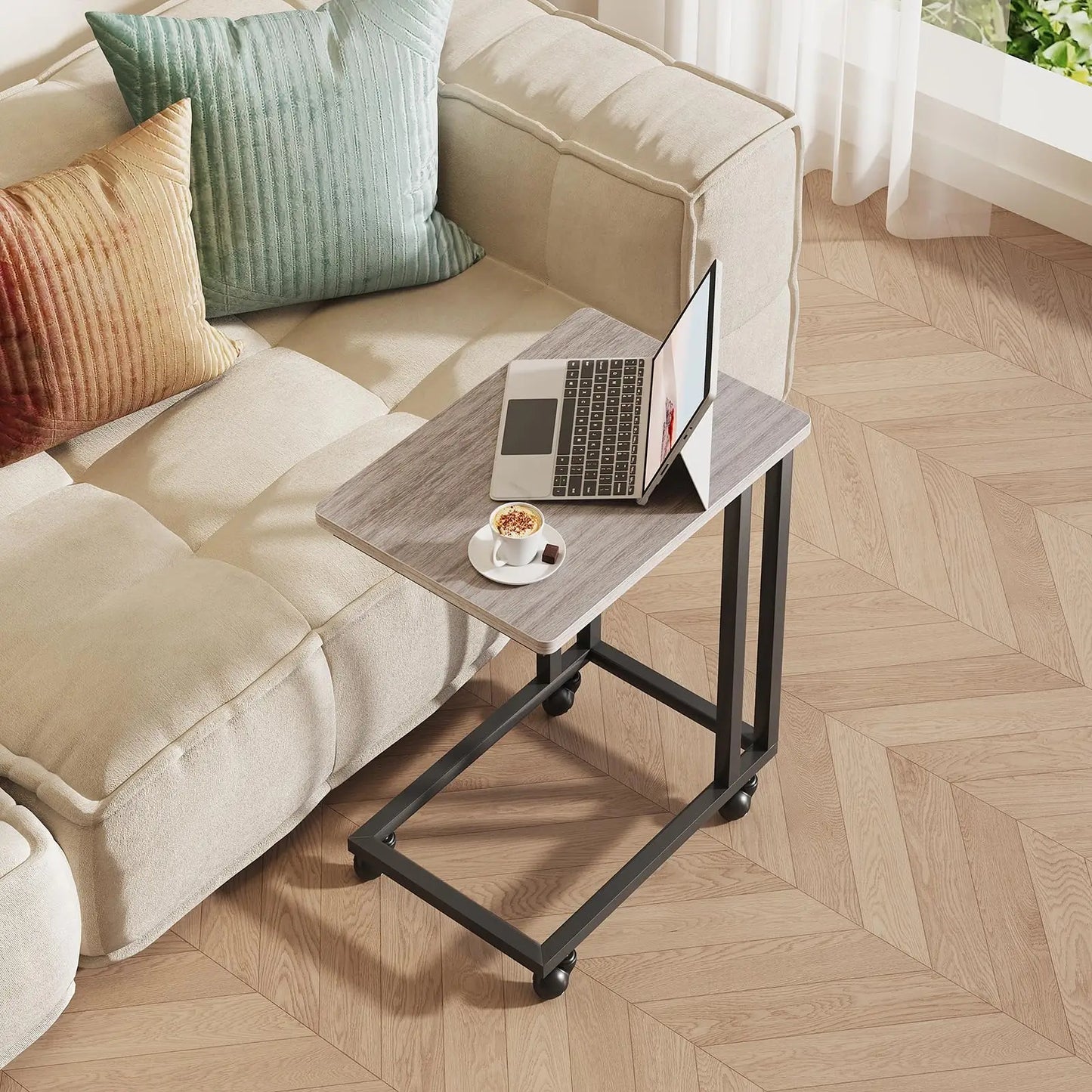 JHK Wood Sofa Table Overbed Bedside Desk With Metal Frame