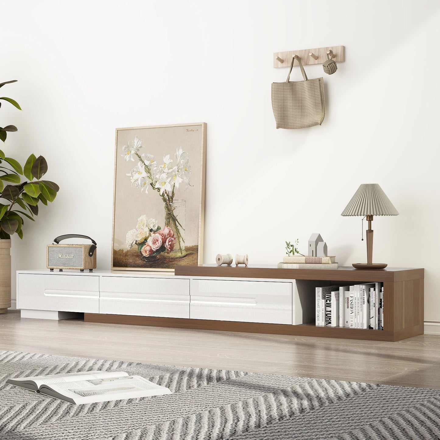 QiaoShiRen Extendable TV Stand Wood Media Console With Drawers
