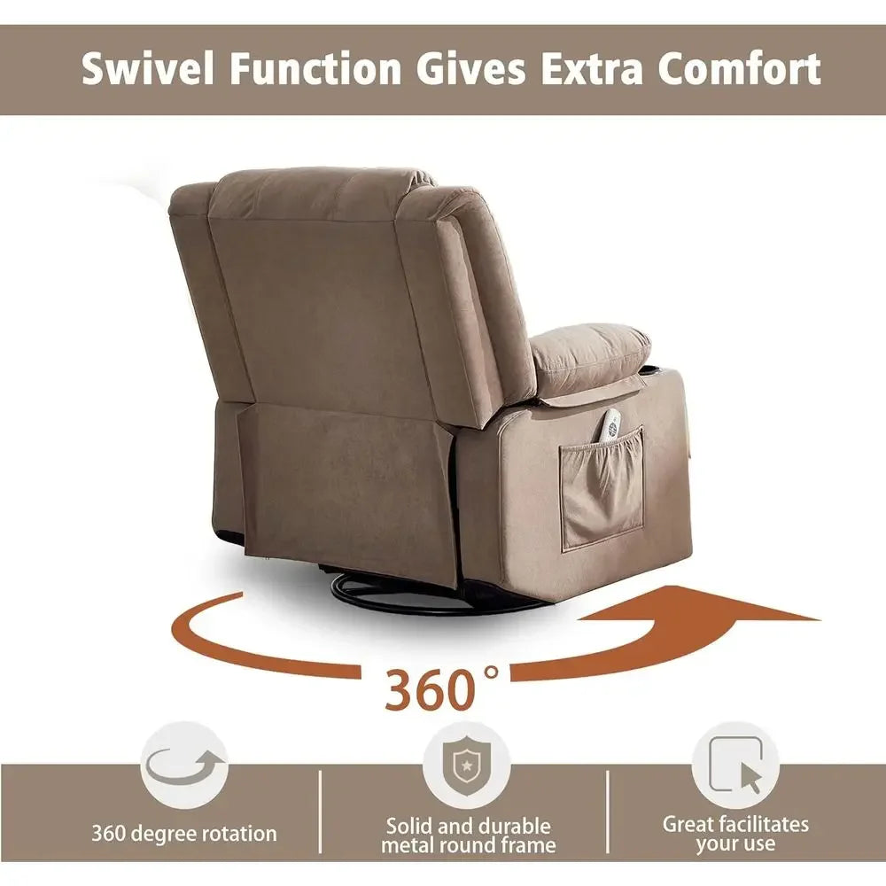 Overstuffed Manual Rocker Swivel Recliner With Massage And Heat