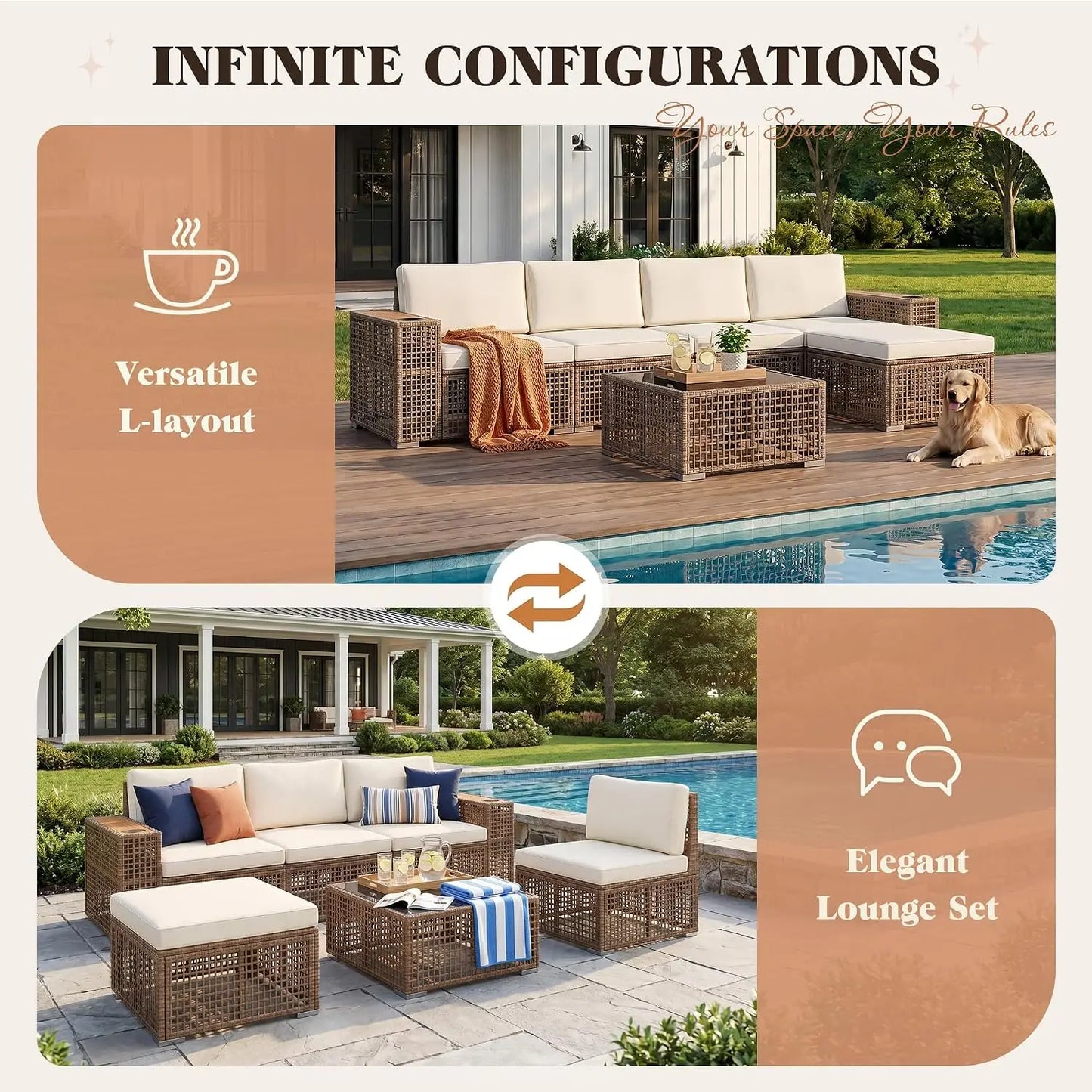 Outdoor Sectional Sofa Set PE Wicker Patio Furniture With Cup Holder