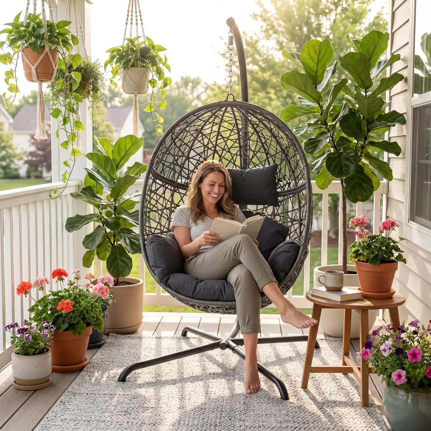 Swing Egg Chair With Stand Bird Cage Patio Hanging Cushion All Weather 350 Lbs