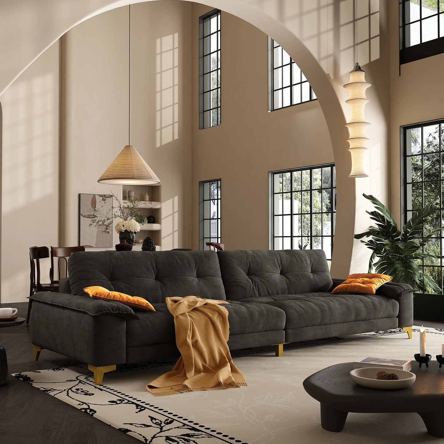 QWCN Velvet L Shaped Sectional Sofa Mid Century Modern 4 Seat