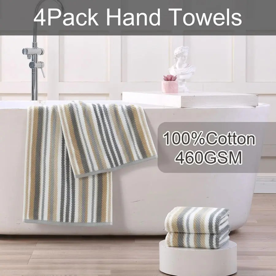 Striped Hand Towels, Bathroom Hand Towels Set of 4, 16x27 100 Cotton Quick Dry Absorbent Light Weight, Soft Towel Set for Shower