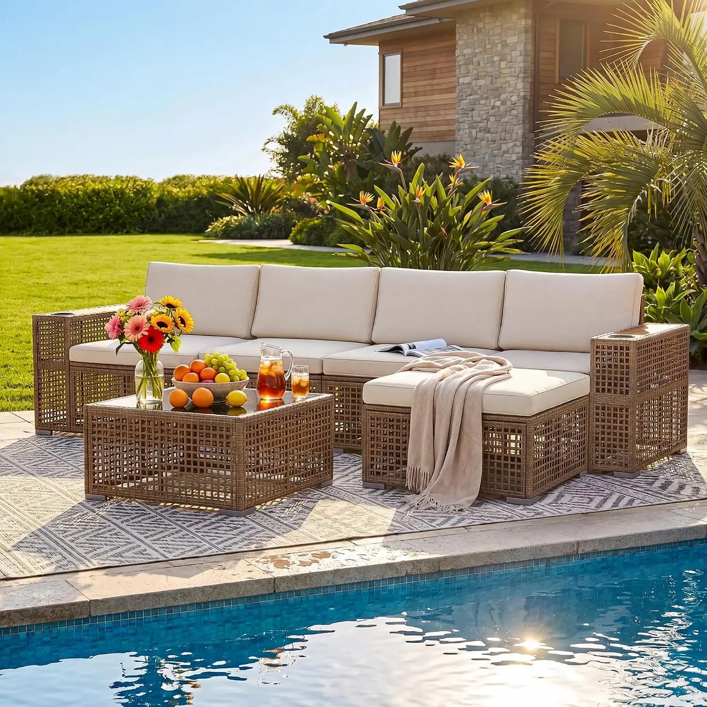 Outdoor Sectional Sofa Set PE Wicker Patio Furniture With Cup Holder