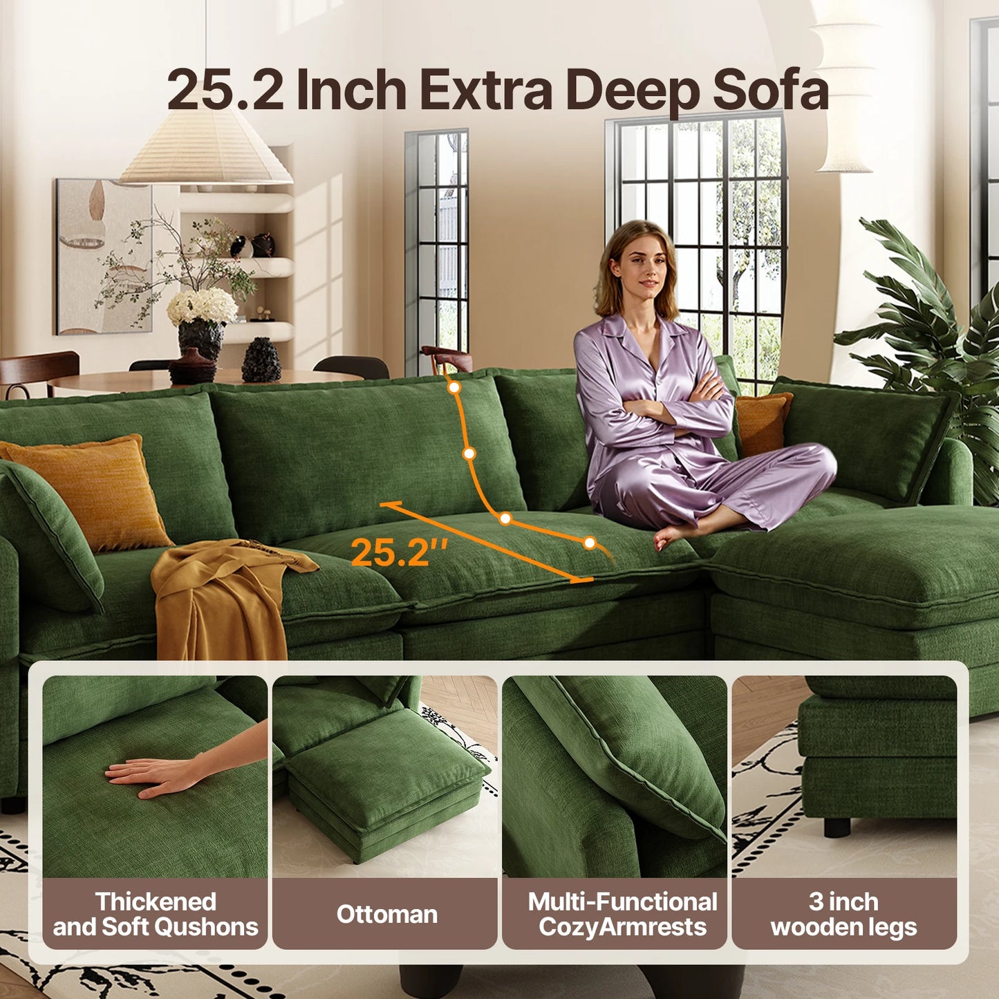 QWCCN L Shaped Modern Sofa Sectional Cloud Couch With Ottoman