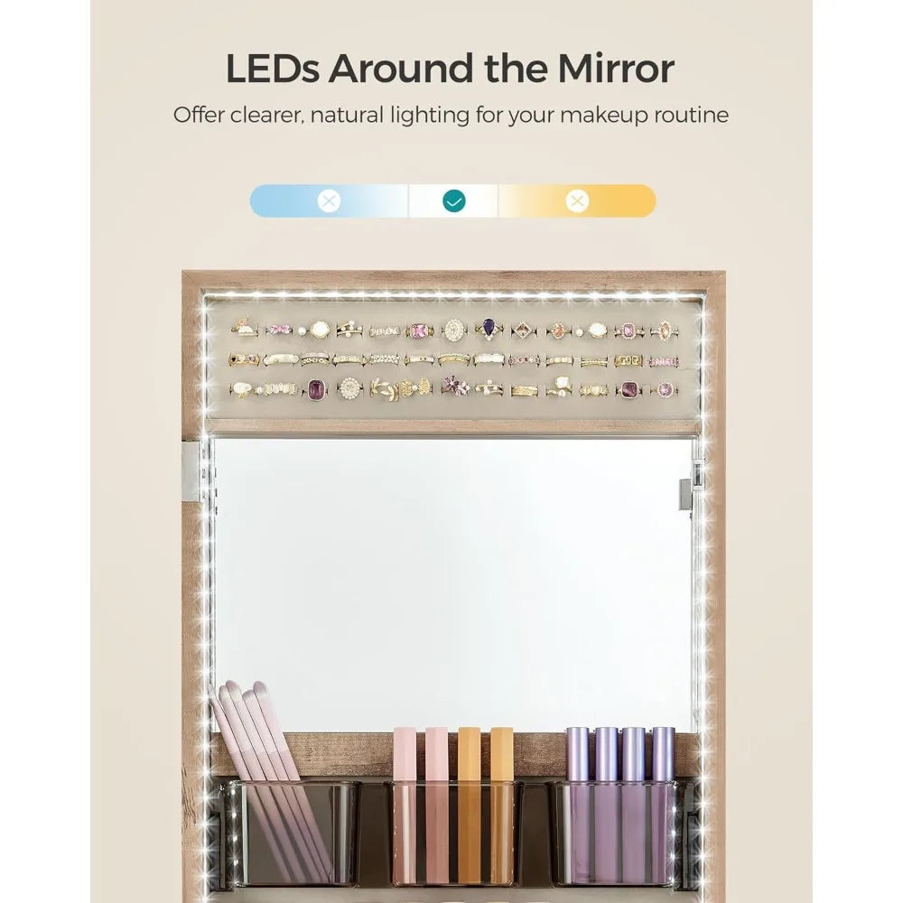 Jewelry Cabinet Armoire Organizer with LED Lights, Wall-Mounted Storage Cabinet with Full-Length Frameless Mirror