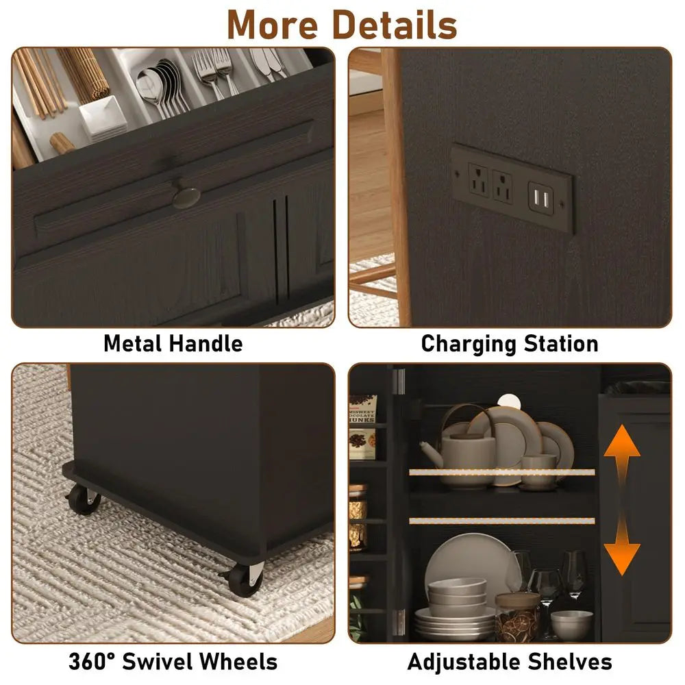 Rolling Kitchen Island With Power Outlet And Hidden Trash Cabinet