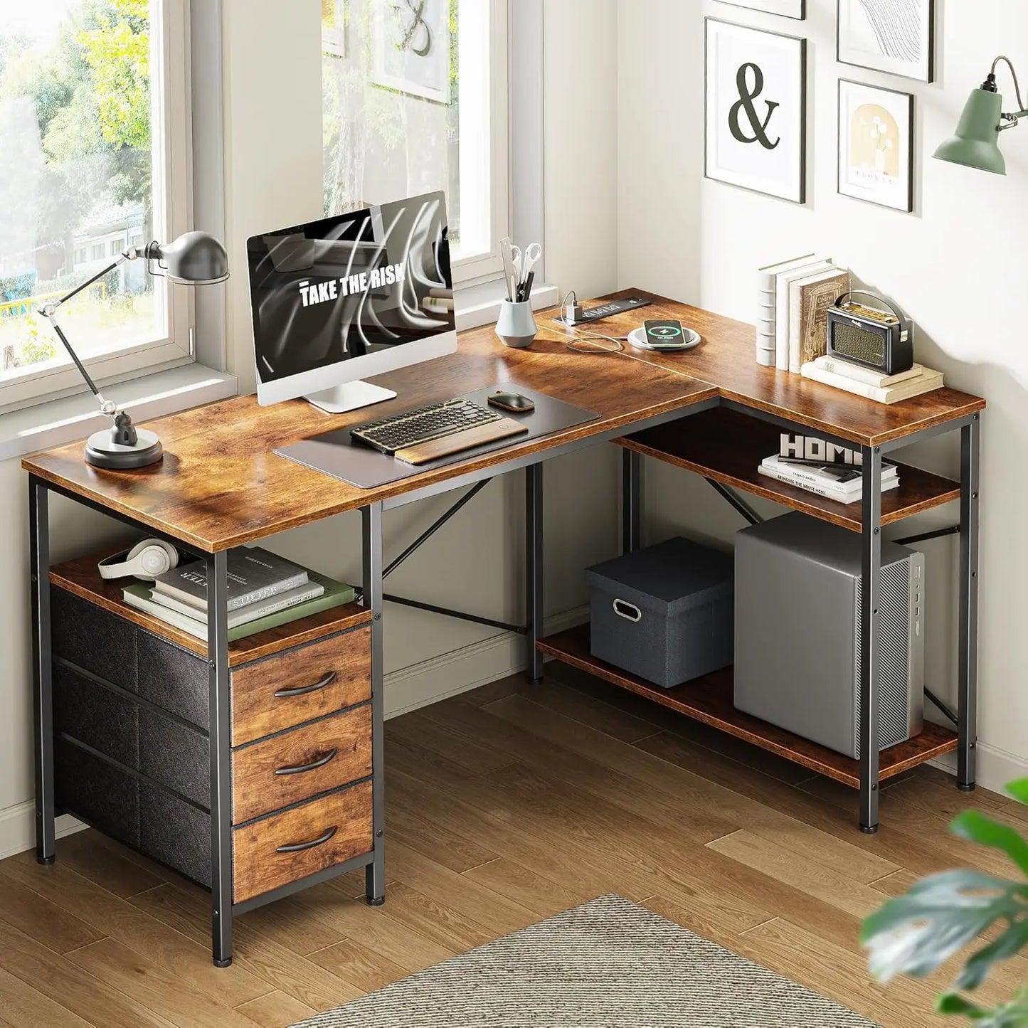 L-Shaped Office Desk With Power Outlets, 3 Drawers, Shelves