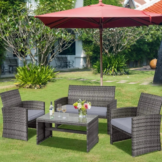 4PCS Patio Outdoor Conversation Furniture Rattan Set w/Glass Table and Loveseat