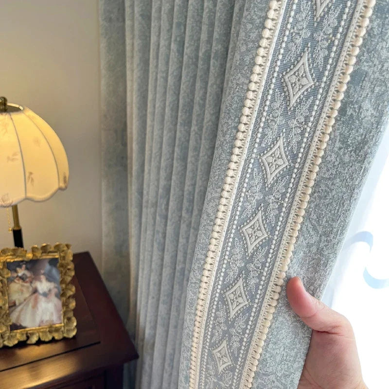 French Retro Dark Texture Chenille Grey Blue Lace Splicing Curtains for Bedroom Living Room French Window Balcony Customized