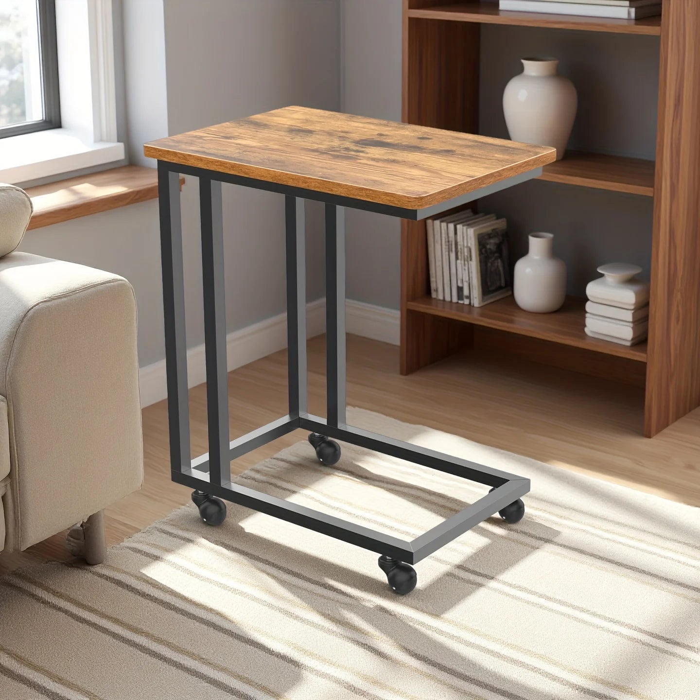 JHK Wood Sofa Table Overbed Bedside Desk With Metal Frame