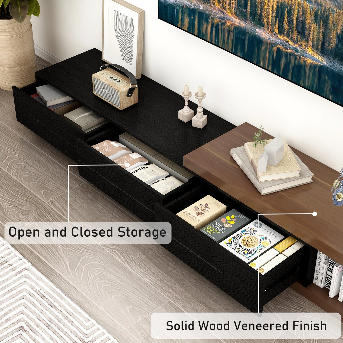 QiaoShiRen Extendable TV Stand Wood Media Console With Drawers