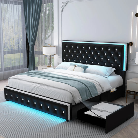Led PU Bed Frame With 2 Drawers And Tufted Headboard