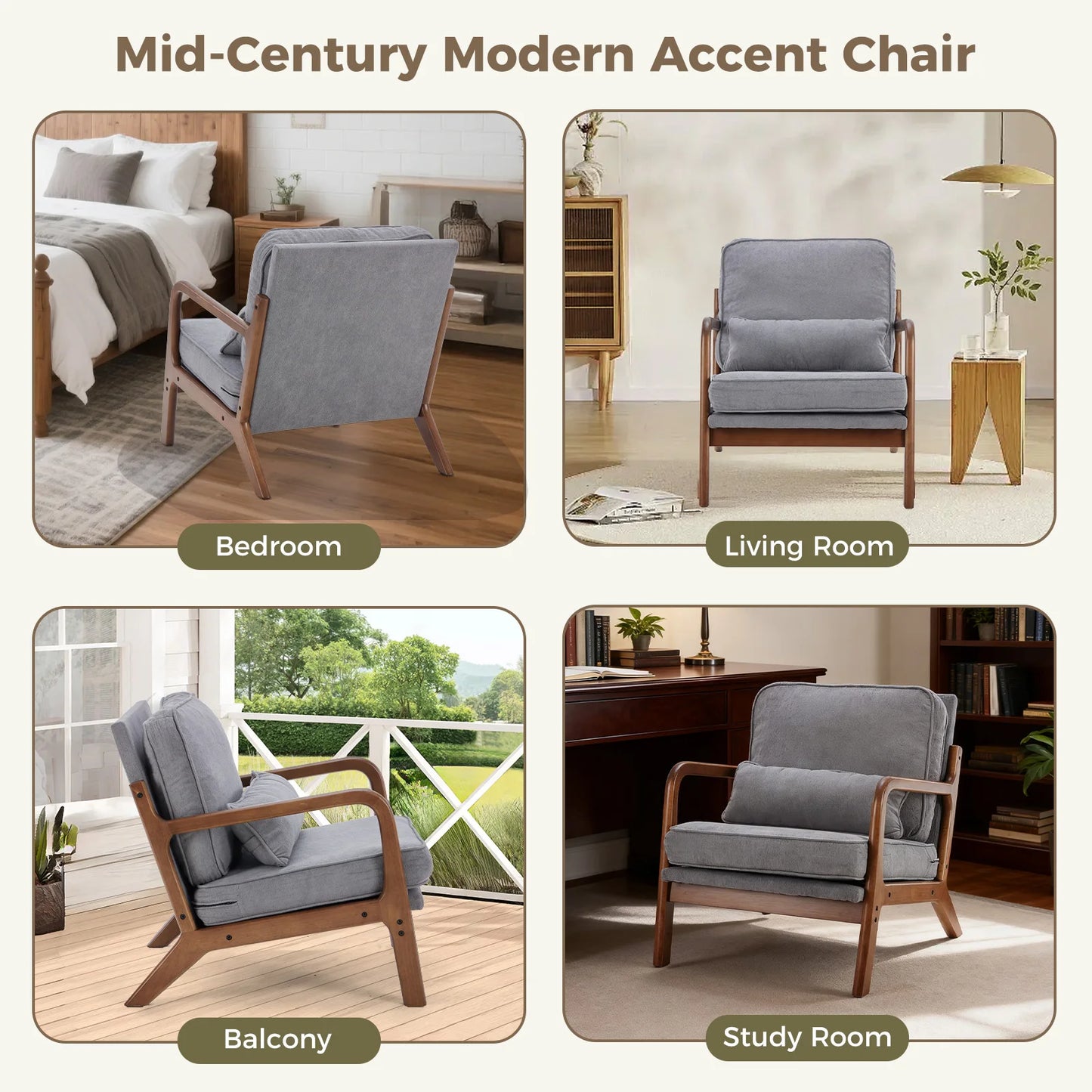 JHK Mid Century Modern Rubberwood Armchair With Durable HighDensityFoam Cushions