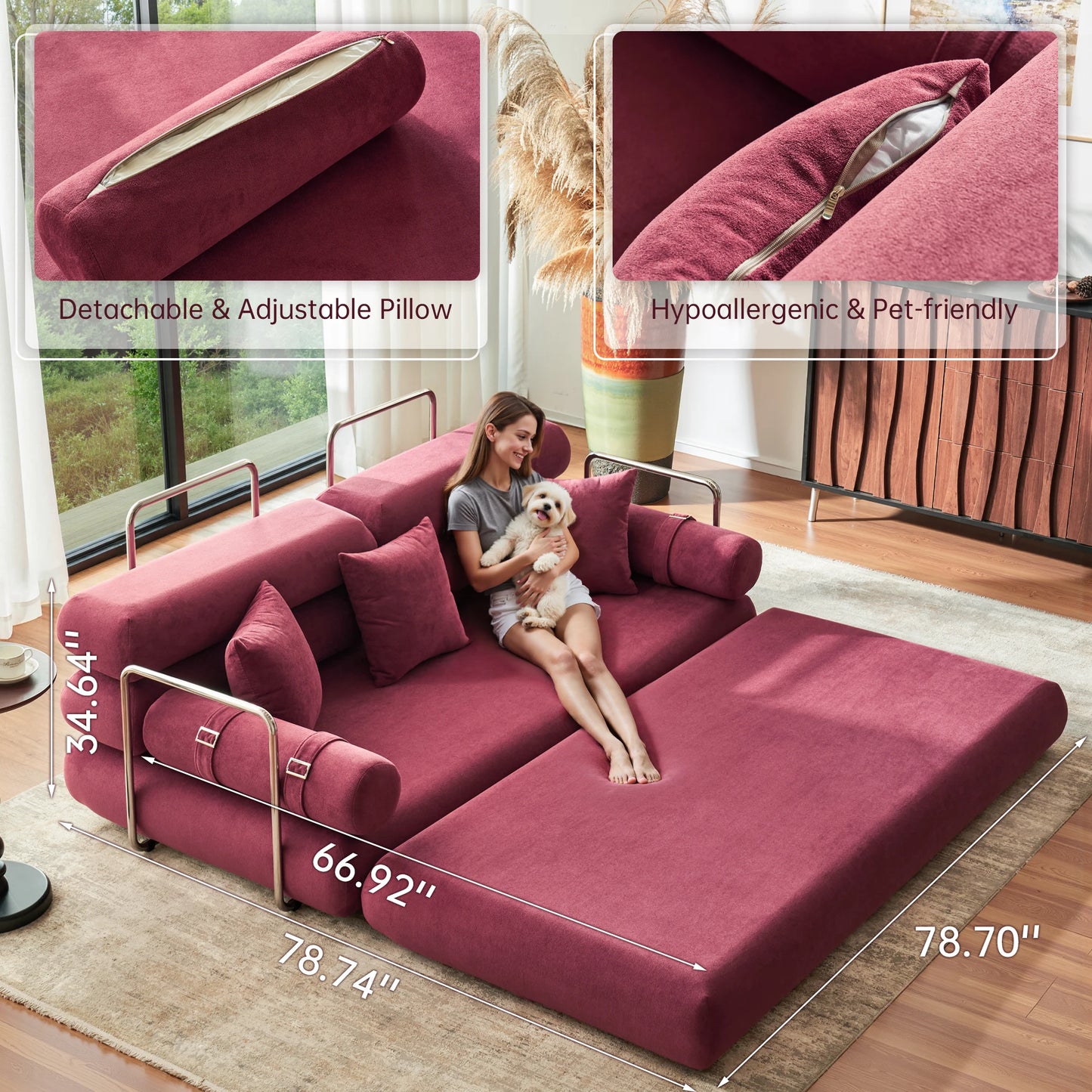 Convertible Sleeper Sofa Bed With Rounded Arm Supports PremiumMemoryFoam Comforts