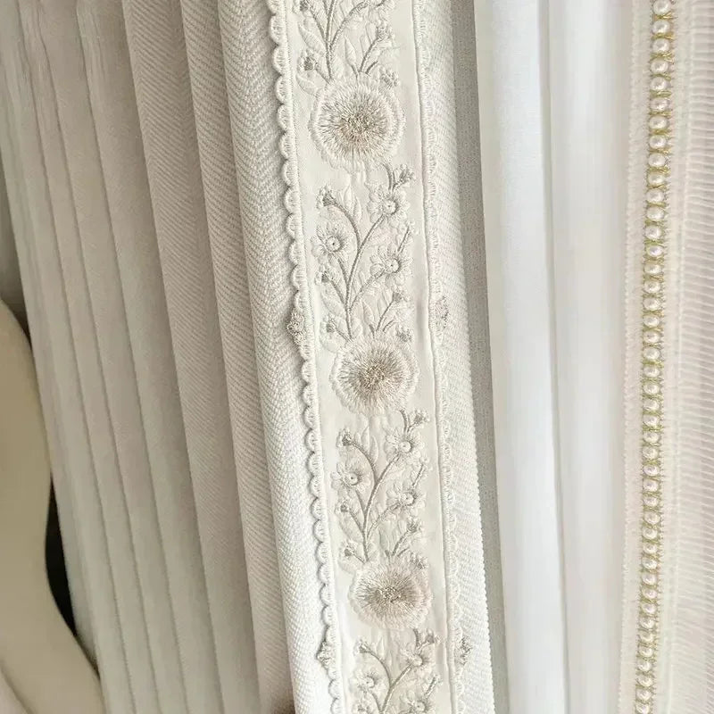 French Curtains for Living Dining Room Bedroom Cream Cured Embossed Chenille Texture Thick Window White Tulle Sheer Curtain