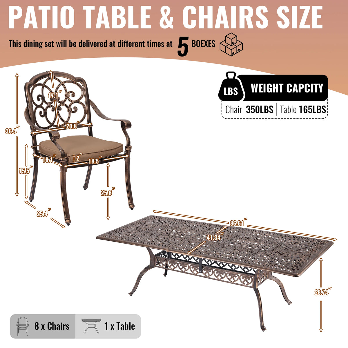 Cast Aluminum Outdoor Patio Dining Set Featuring Umbrella Hole