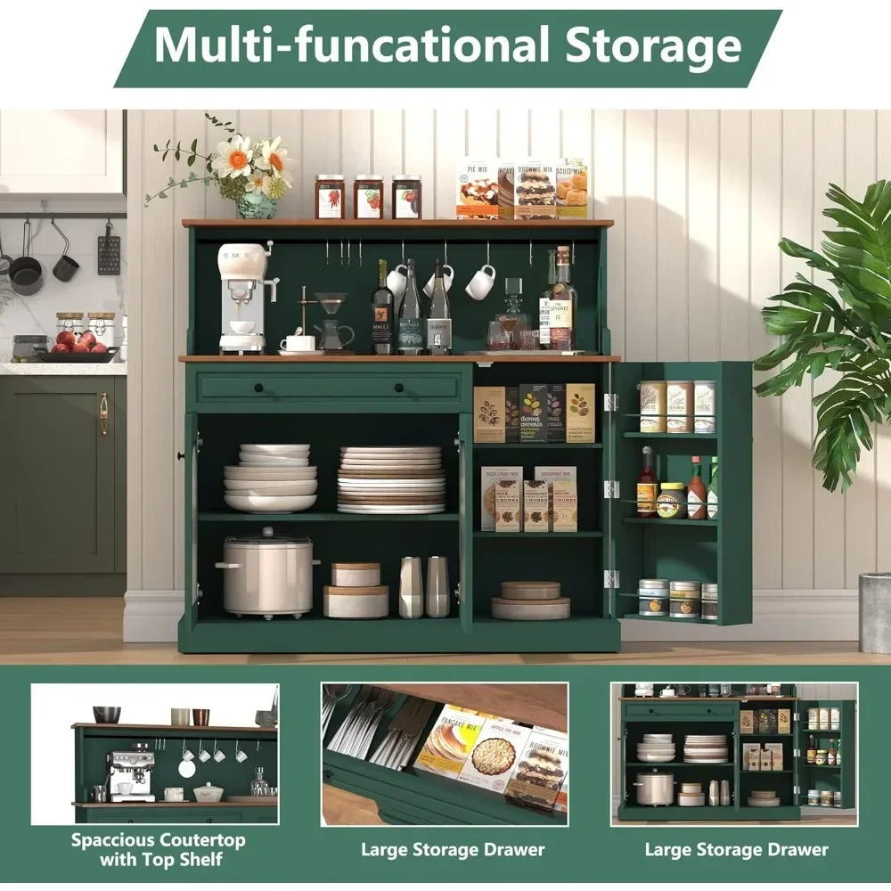 Solid Wood Coffee Bar Cabinet With Drawer And Glass Doors