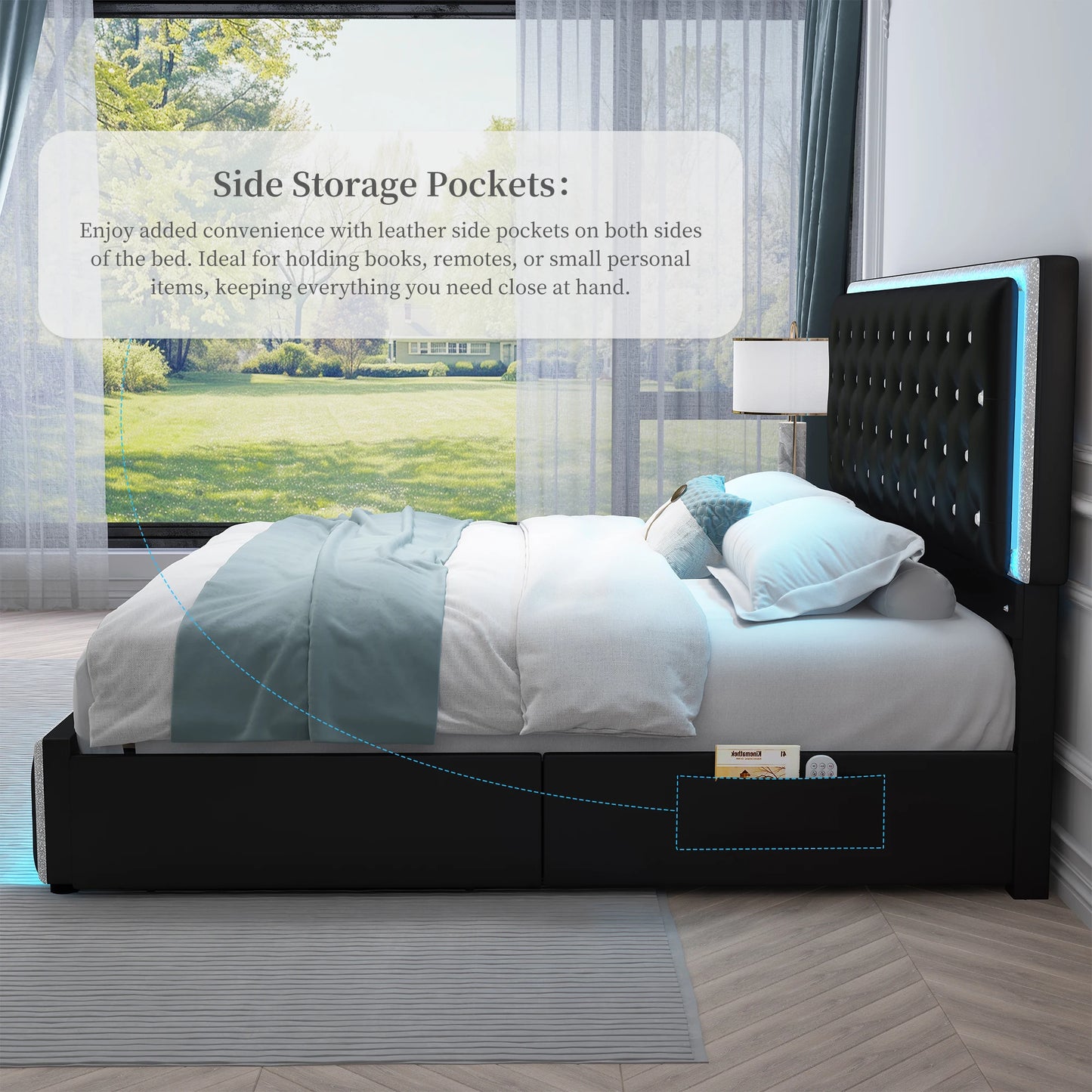 Led PU Bed Frame With 2 Drawers And Tufted Headboard