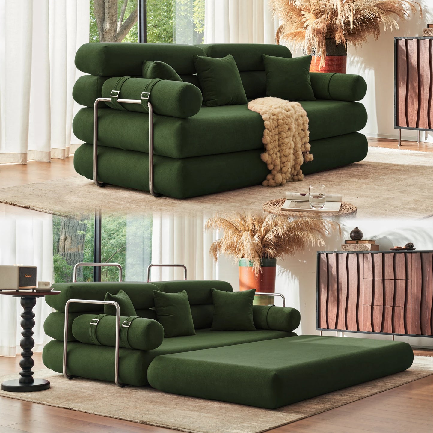Convertible Sleeper Sofa Bed With Rounded Arm Supports PremiumMemoryFoam Comforts
