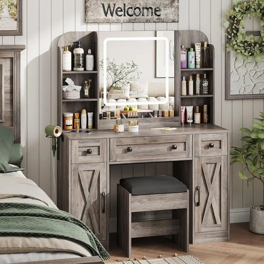 LED Illuminated Makeup Desk With Storage And Vanity Mirror