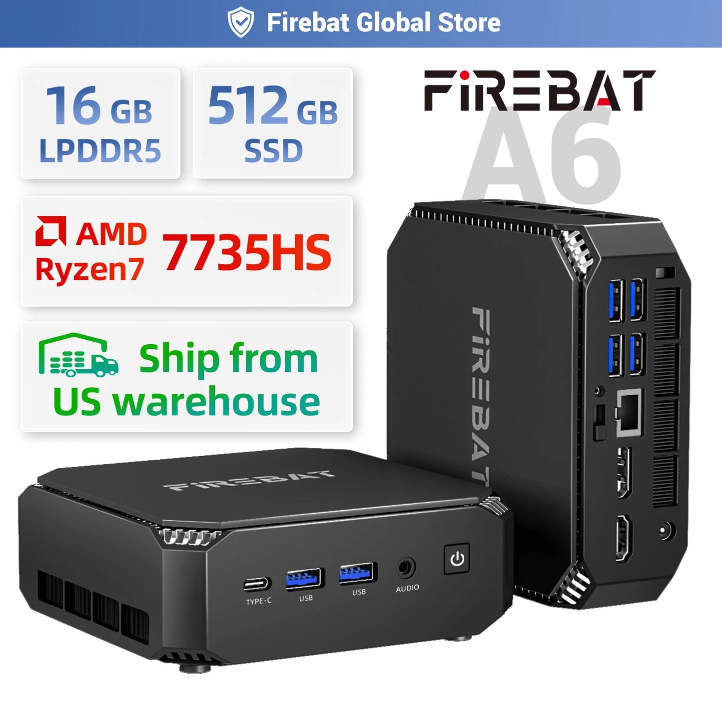Firebat A6 Personal Computer AMD R7 7735HS 16GB 512GB SSD
