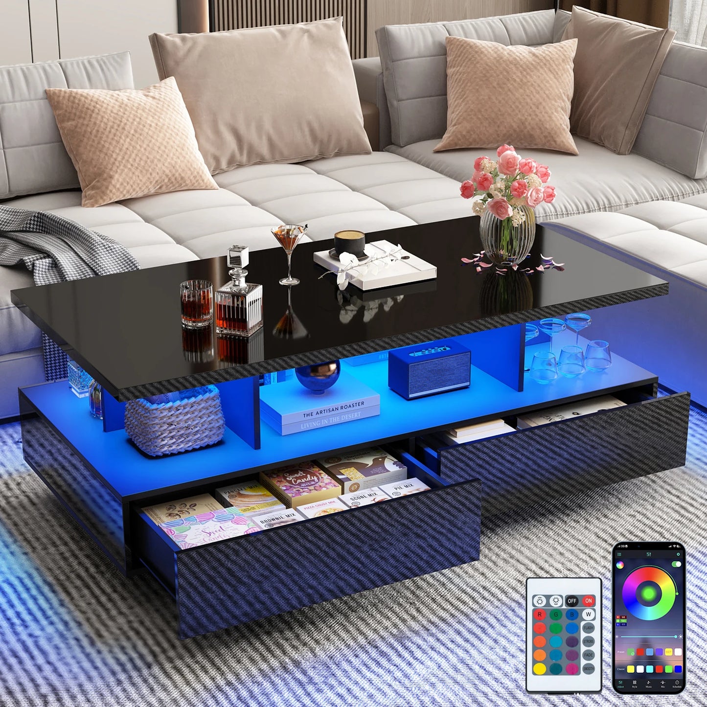 QiaoShiRen LED Coffee Table With Two Storage Drawers Modern