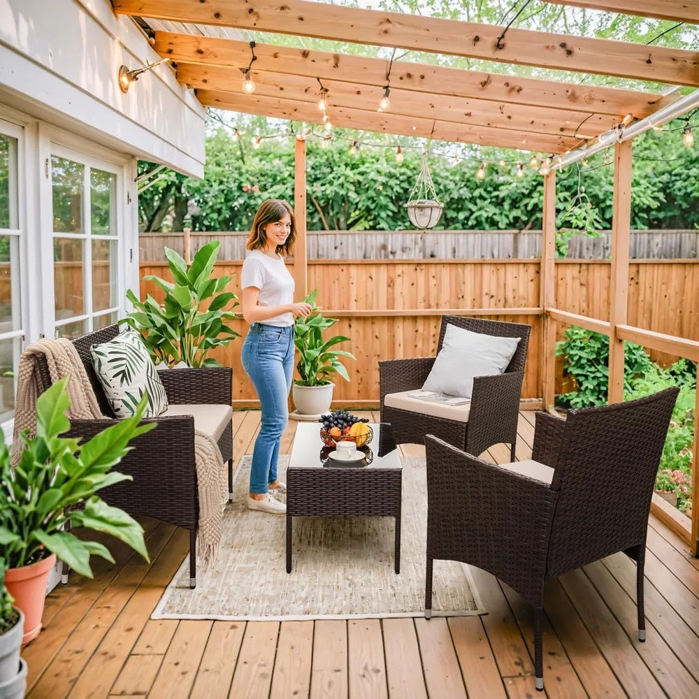 4 Piece Outdoor Patio Furniture Set Rattan Wicker Chairs