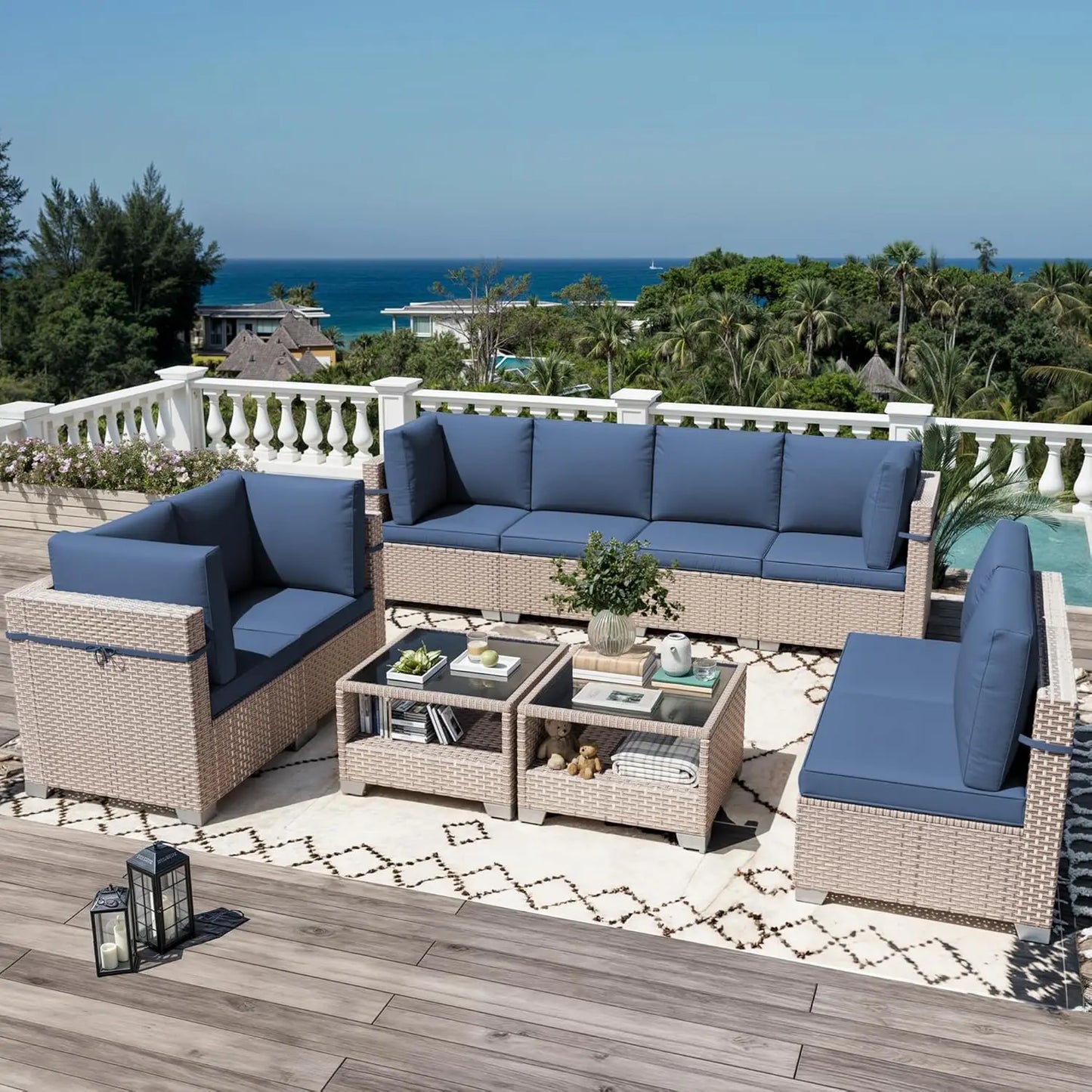 10 Pieces Patio Furniture Set, Outdoor Sectional Wicker Sofa with Thick Cushions and Storage Coffee Table, Rattan, Customized