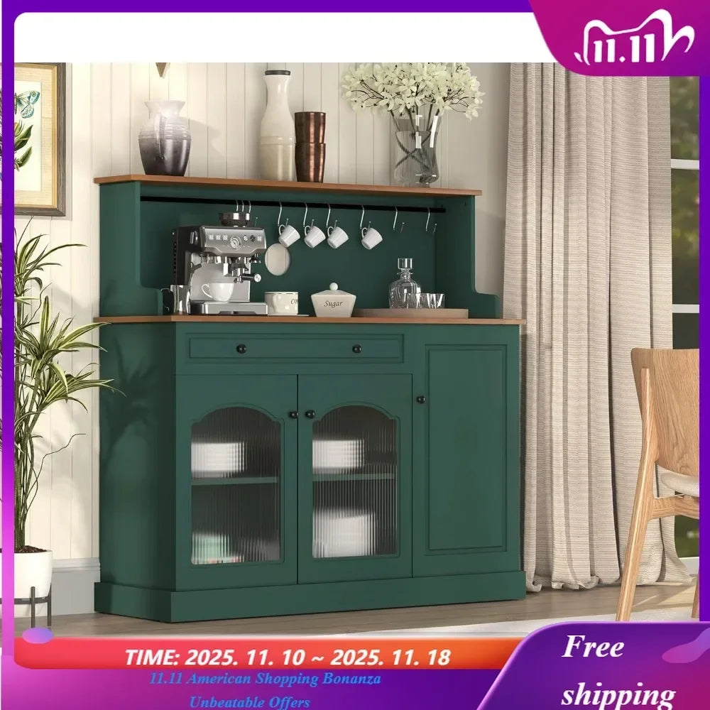 Solid Wood Coffee Bar Cabinet With Drawer And Glass Doors
